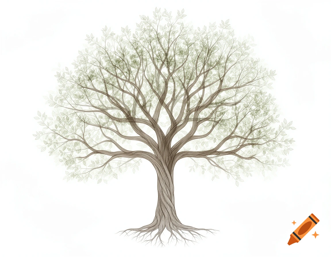 A line drawing illustration of a tree with many branches and sparse, light green leaves, against a white background.