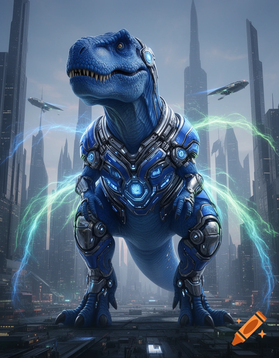 A blue T-Rex wearing glowing cyber armor with plasma streams, standing in a futuristic cityscape with flying vehicles.