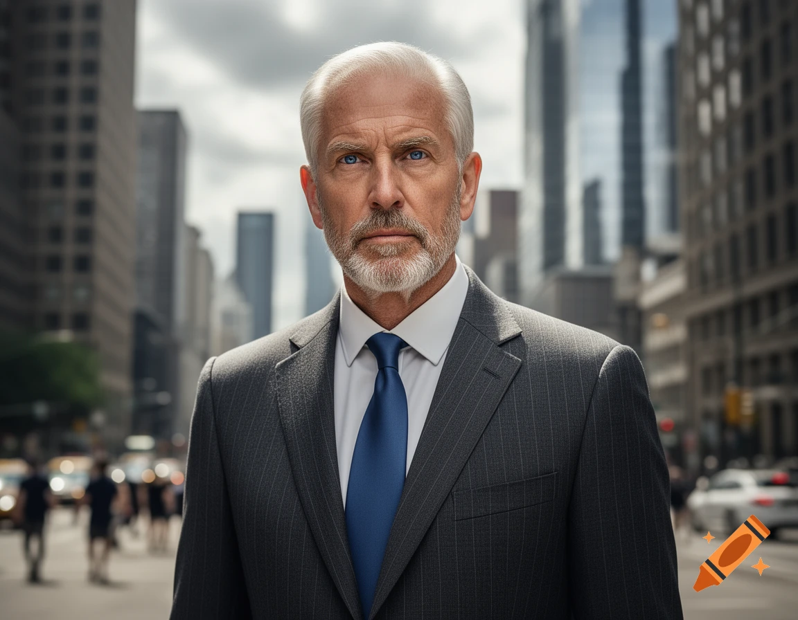A serious-looking older man with white hair and a beard, wearing a dark pinstripe suit and blue tie, stands in a bustling city street.