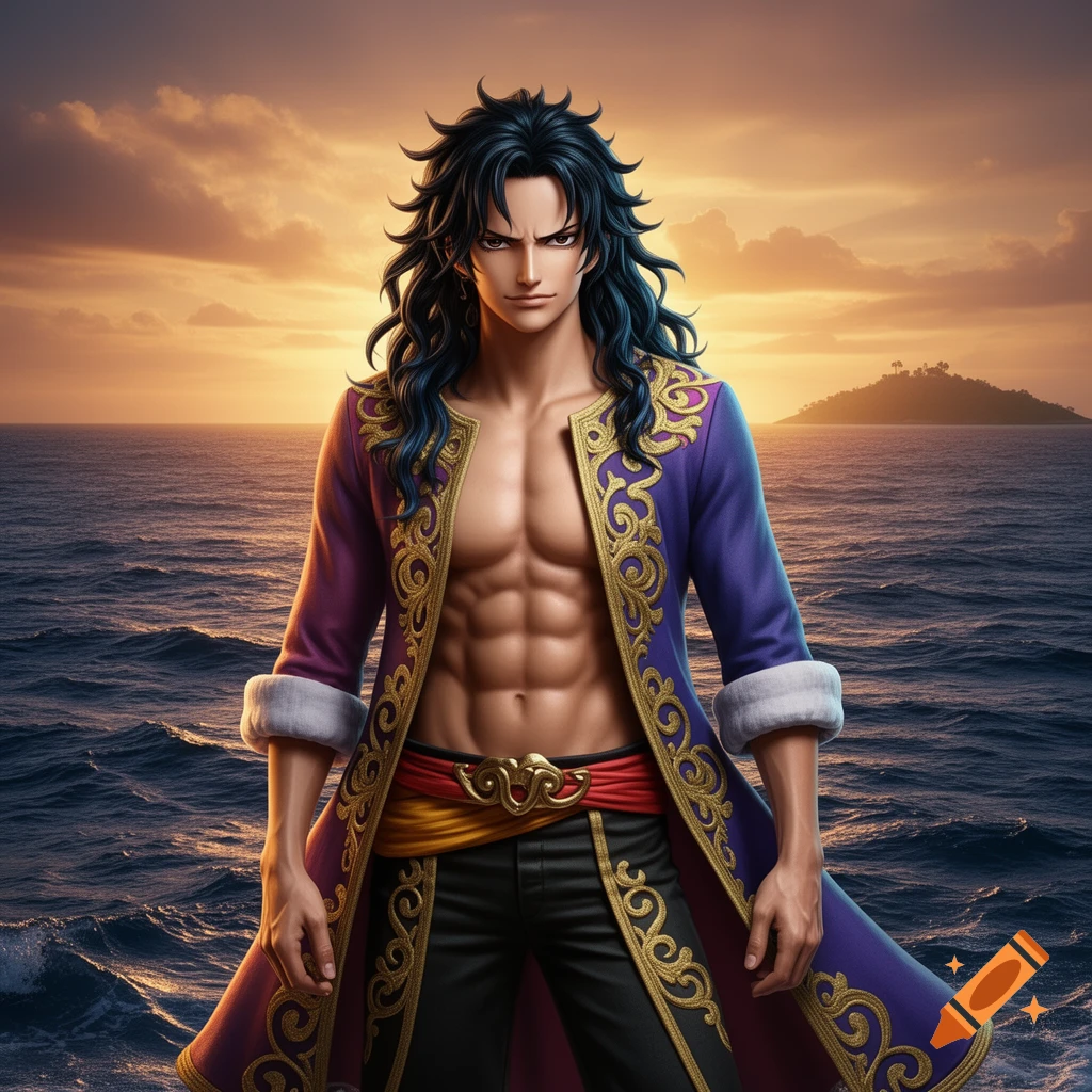 A muscular man with long dark hair, wearing an open ornate purple coat, stands in the ocean at sunset with an island in the background.