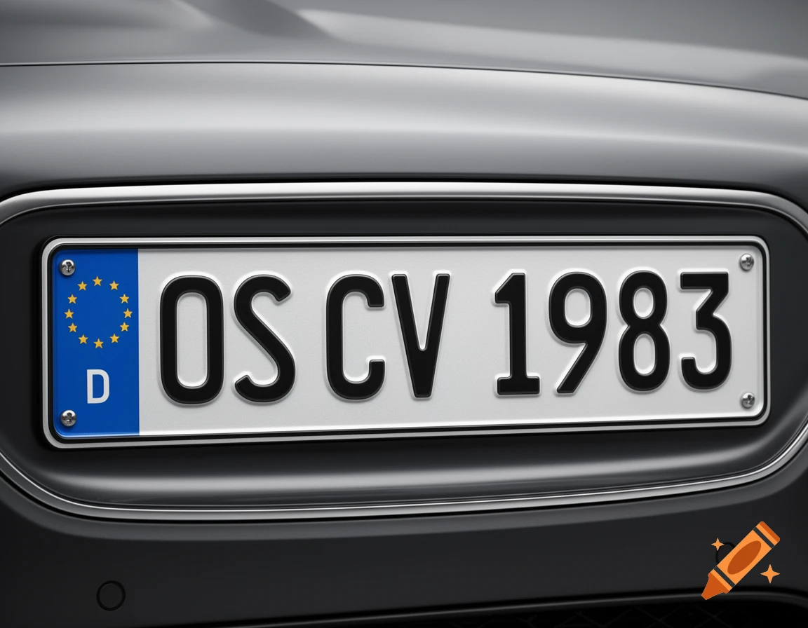 A close-up of a German car license plate with 'OS CV 1983' on a white background and a blue EU strip with 'D'.
