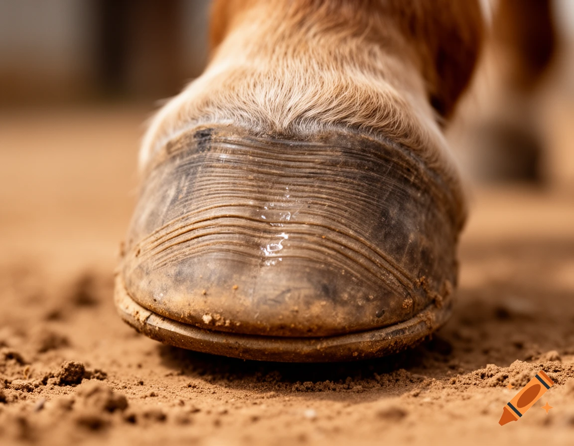 Close-up, low-angle shot of a horse's unshoed hoof on sandy ground, showing textured hoof wall and dirt.