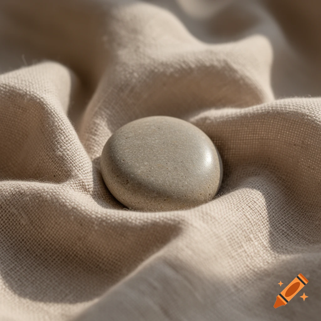 Close-up photograph of a smooth round sea stone resting on draped beige linen fabric with warm natural light.