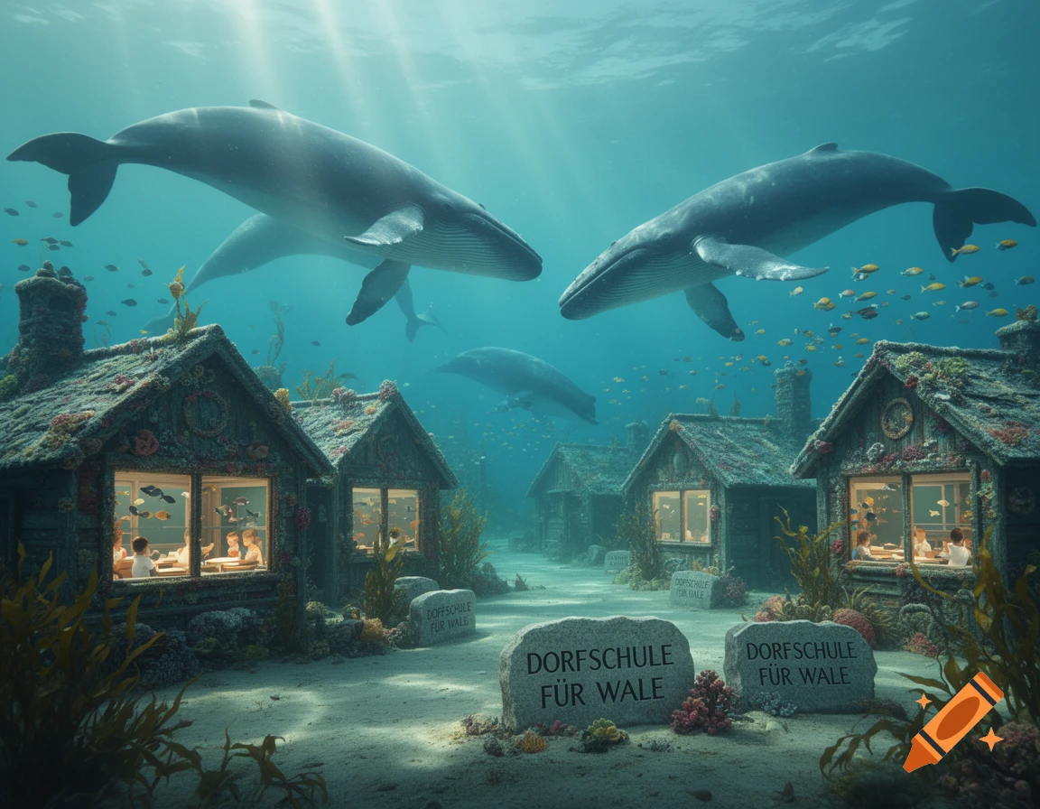 Underwater fantasy scene with whales swimming above coral-covered houses where small figures are learning inside, with signs reading 'Village School for Whales'.