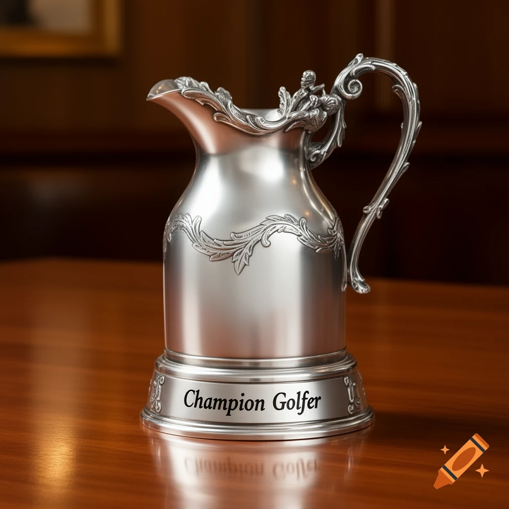 Photorealistic silver golf trophy jug with 'Champion Golfer' inscribed on its base, on a polished wooden table.