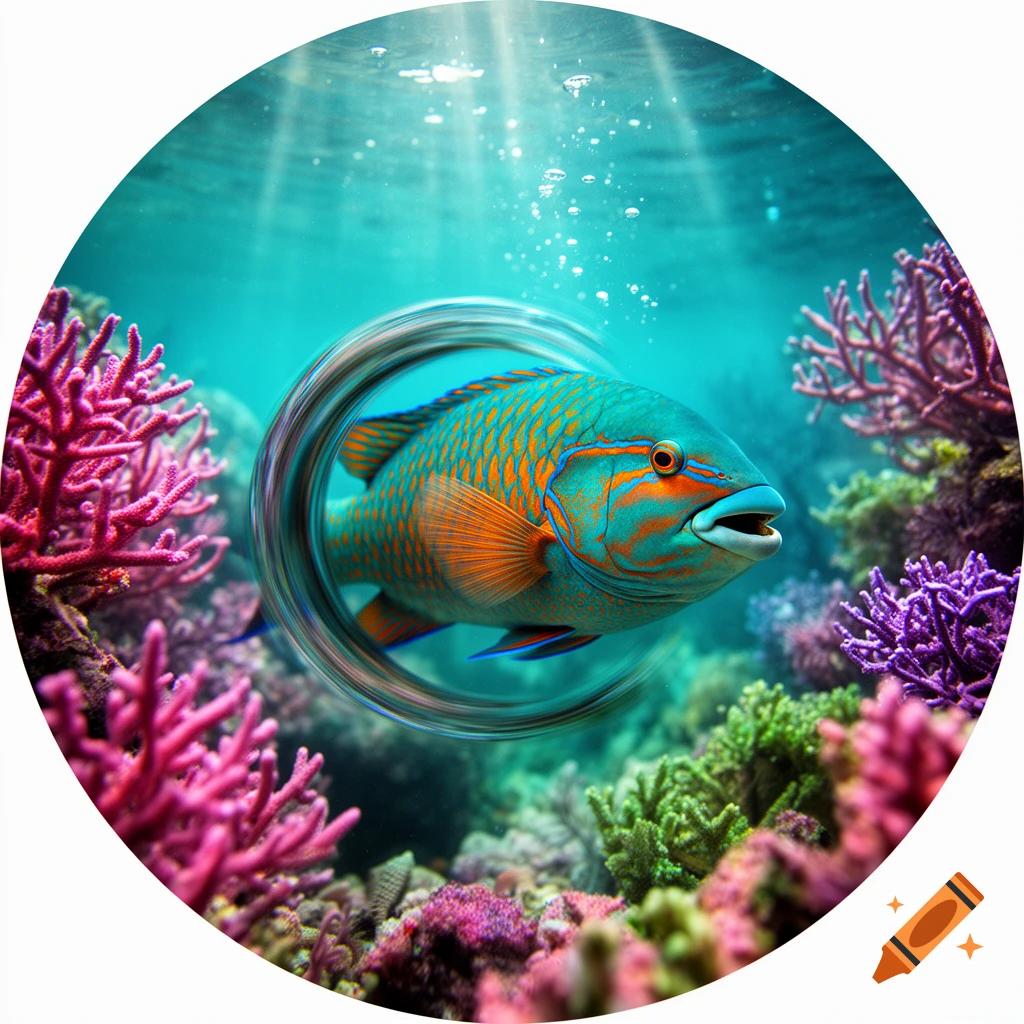 A colorful tropical fish with orange and blue patterns swims in a vibrant coral reef, with light rays from the surface.