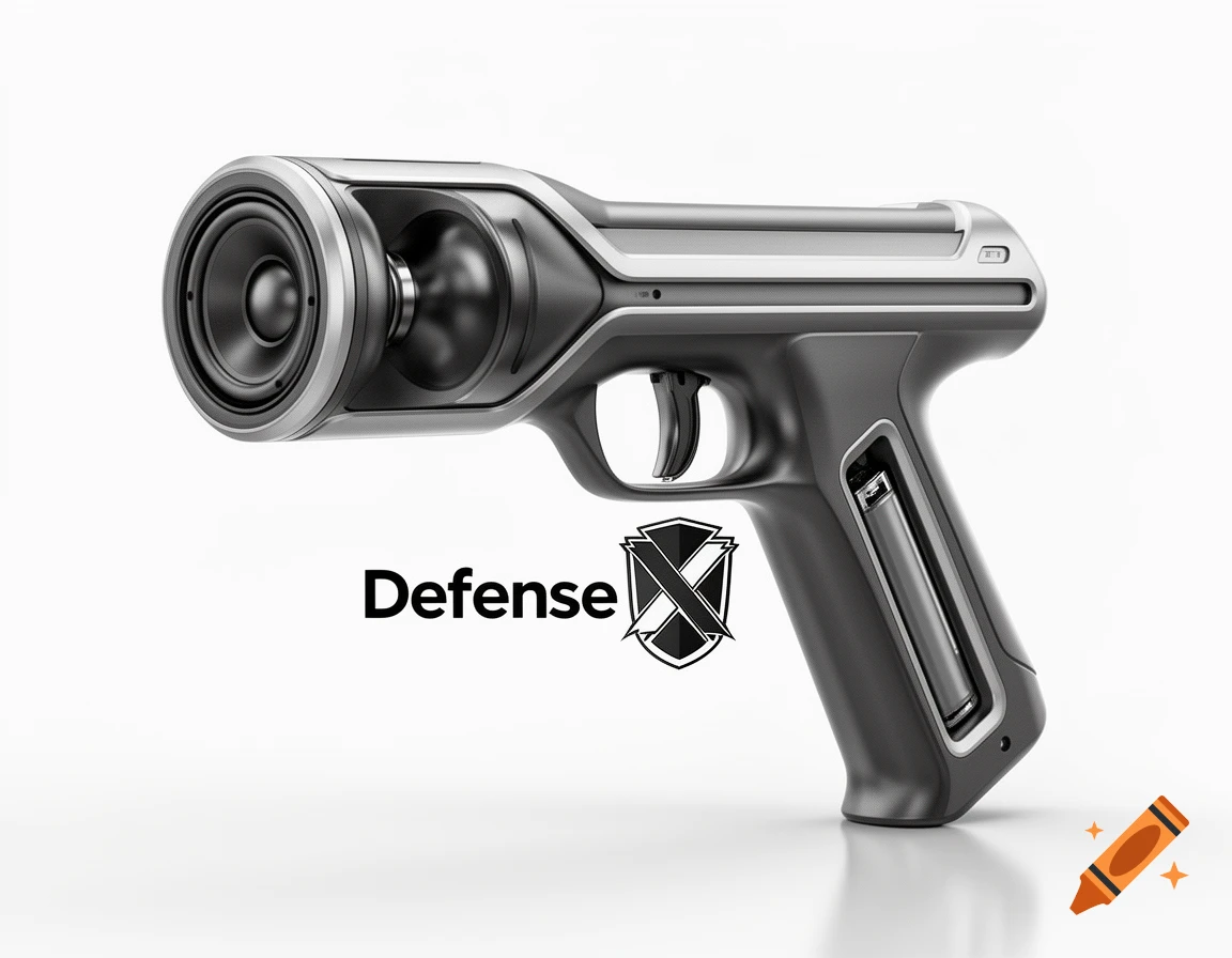 A sleek, futuristic non-lethal weapon resembling a pistol with a speaker for a barrel and a battery compartment, with the word 'Defense' and an X-shield logo beside it on a white background.