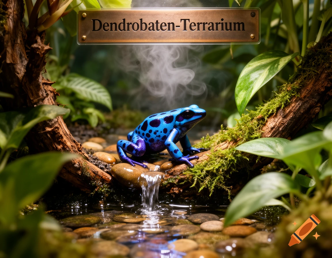 A vibrant blue poison dart frog in a lush terrarium with a small waterfall and a sign reading 'Dendrobaten-Terrarium'