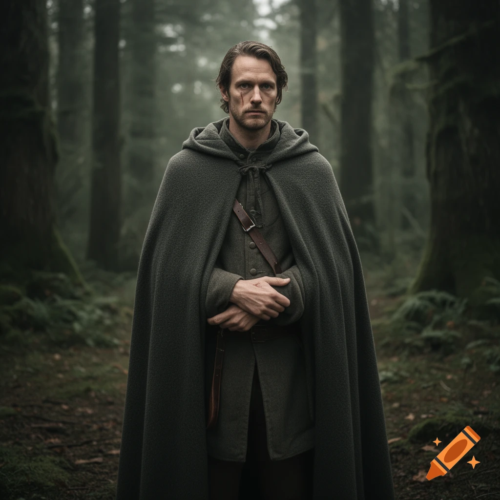 A photorealistic portrait of a man with a scar on his face, wearing a dark green hooded cloak, standing in a misty forest with his hands crossed.