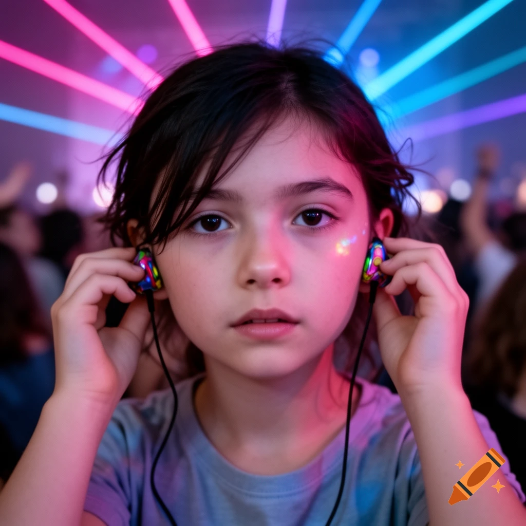 Close-up of a young girl wearing colorful earbuds, glitter on her cheek, under pink and blue laser lights.