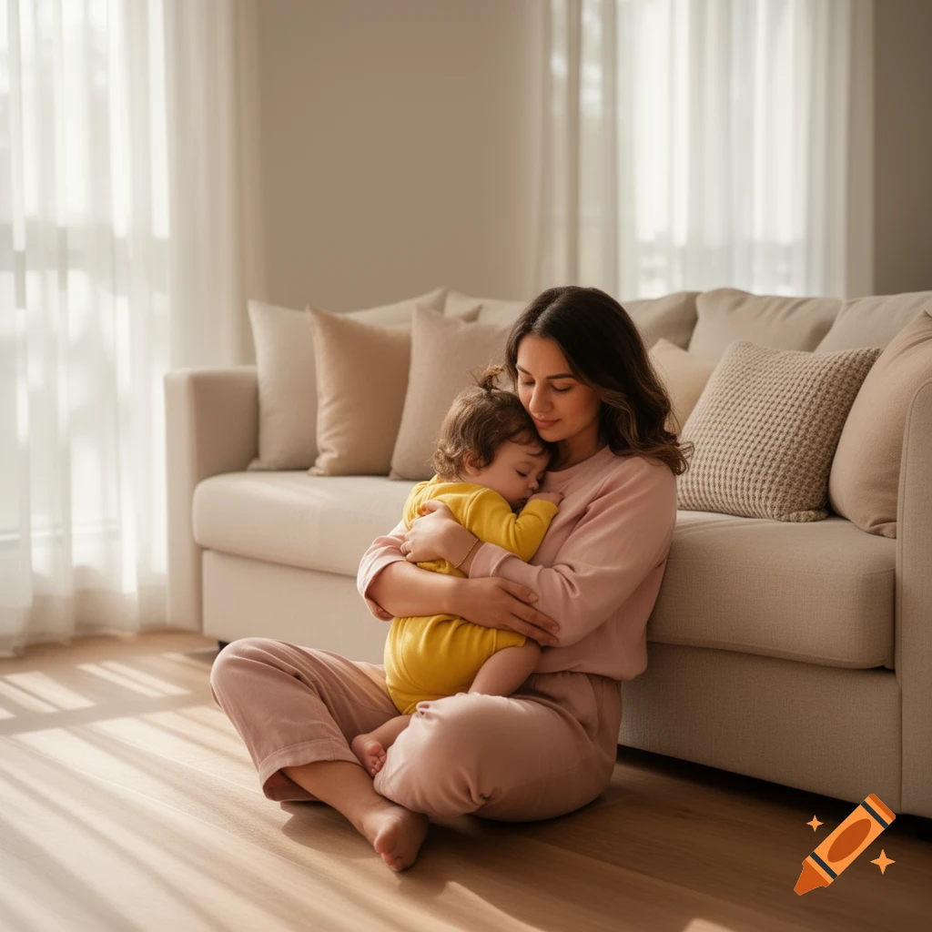 A mother gently hugs her sleeping baby while sitting on a wooden floor in a sunlit living room.