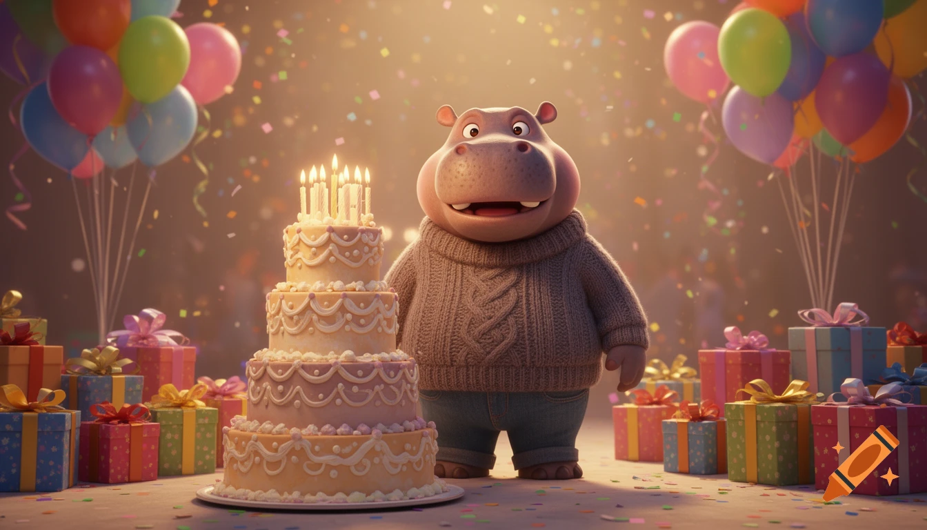 A cute 3D animated hippo in a sweater stands by a multi-tier birthday cake with lit candles, surrounded by gifts, balloons, and confetti.