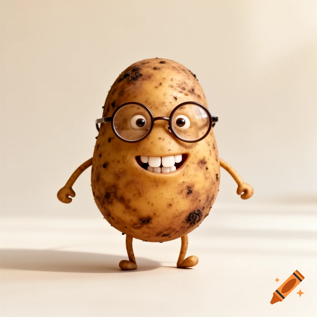 A happy cartoon potato with glasses, buck teeth, arms, and legs stands on a light background.