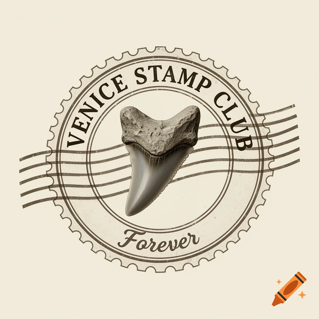 A vintage circular stamp design featuring a fossil shark tooth in the center, with 'VENICE STAMP CLUB Forever' text.