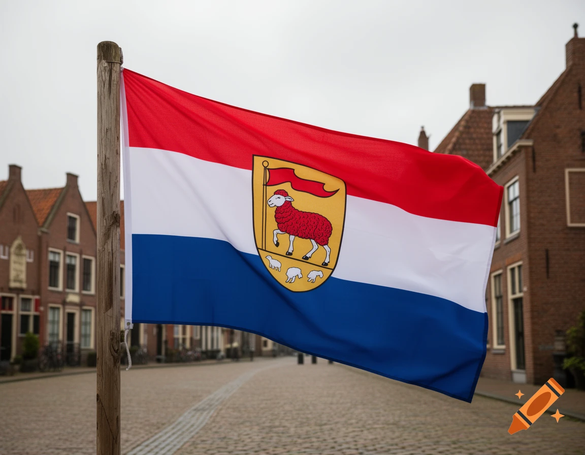 A Dutch flag with the Enkhuizen coat of arms, featuring a red sheep on a gold shield, flies from a wooden pole against a backdrop of historic Dutch buildings.
