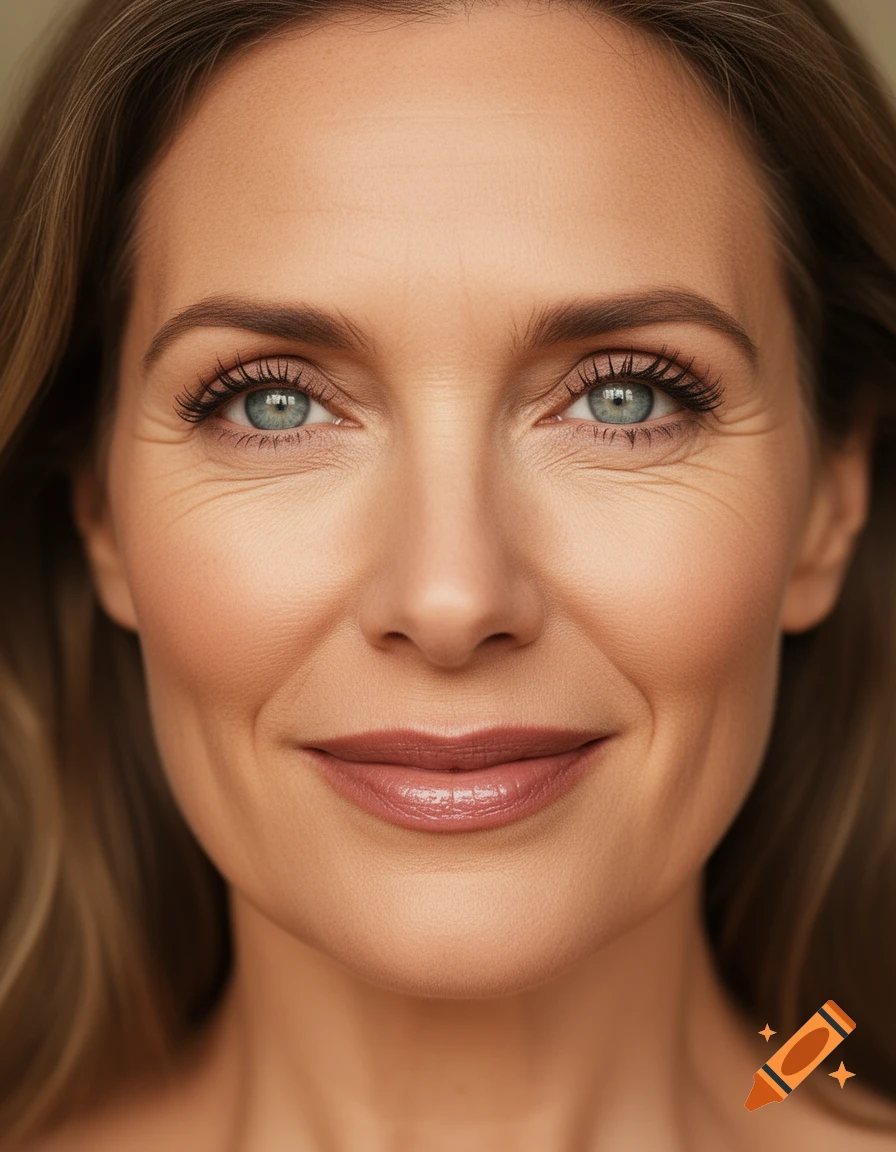 Close-up, photorealistic portrait of a middle-aged woman with blue eyes and natural wrinkles, smiling subtly.