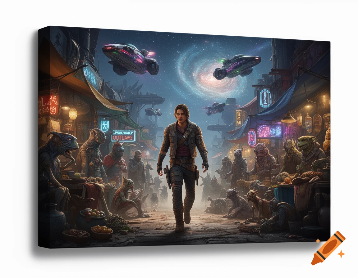 A man walks through a bustling, neon-lit alien marketplace under a starry galaxy sky with flying spaceships.
