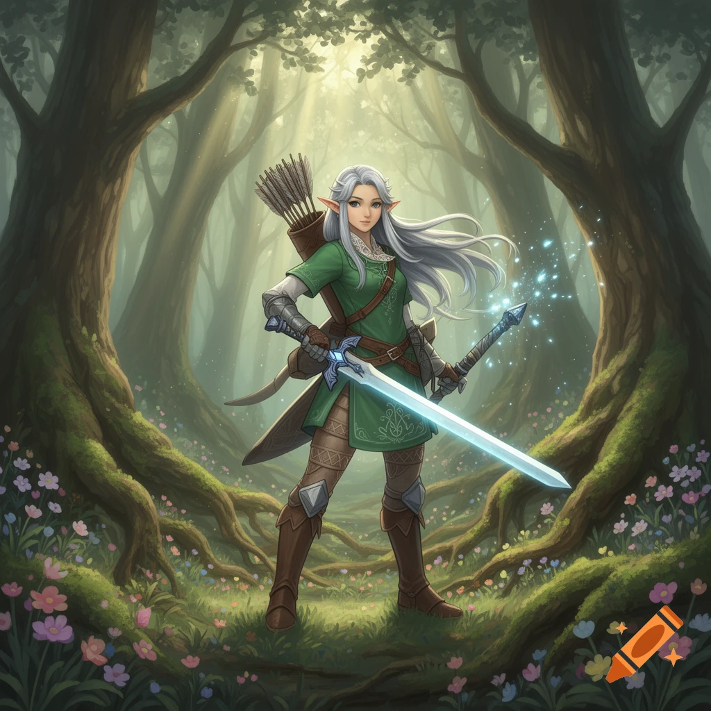 A female fantasy warrior with long white hair, a green tunic, and a glowing sword stands in a magical forest.
