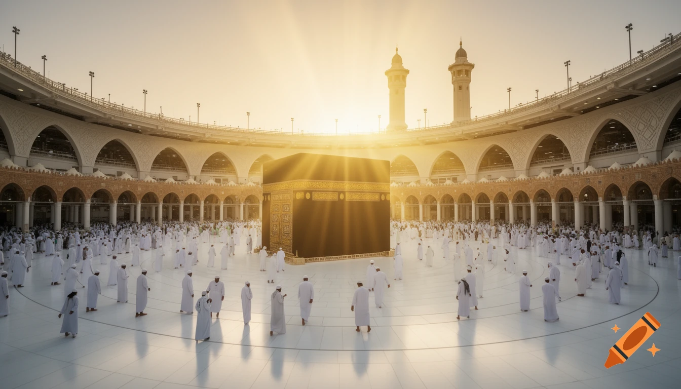 Photorealistic view of the Kaaba in Mecca's Grand Mosque, surrounded by pilgrims in white, bathed in golden sunlight.