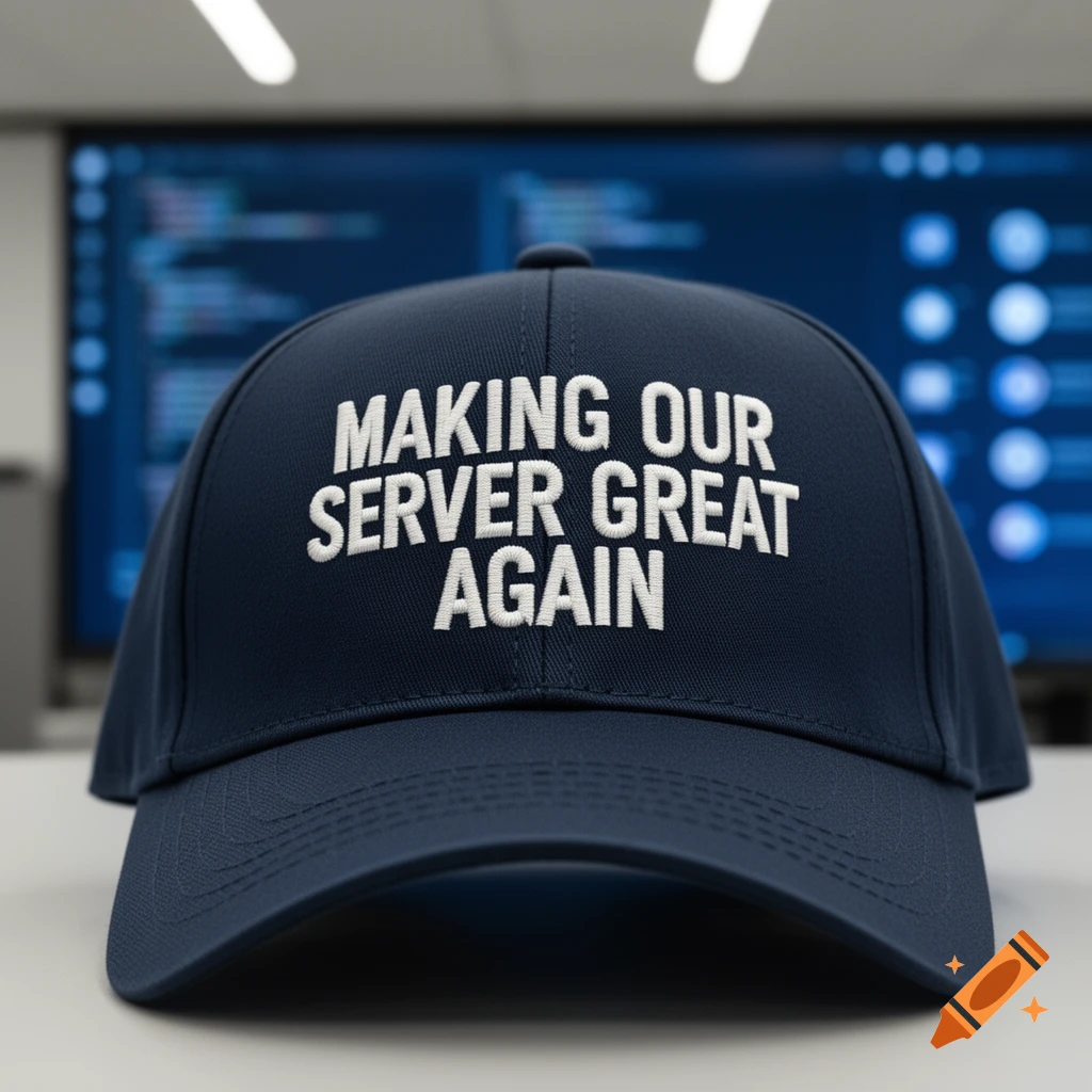 A close-up of a navy blue baseball cap with "MAKING OUR SERVER GREAT AGAIN" embroidered in white, with a blurred computer screen in the background.