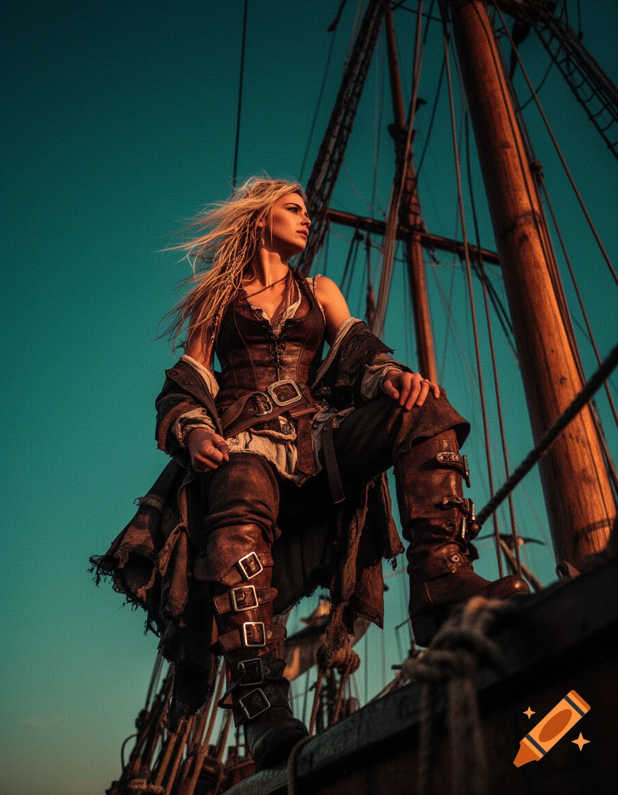 A fierce female pirate captain with blonde hair, wearing a leather corset and boots, perched on a ship's rigging under a teal sky at golden hour.
