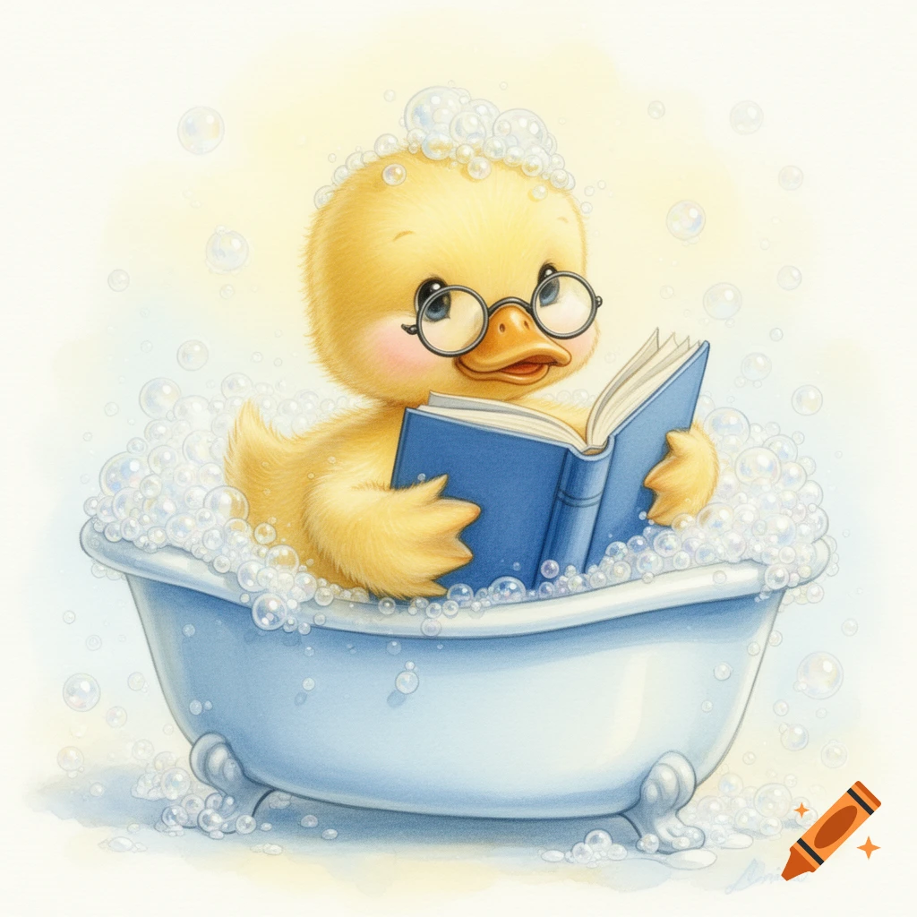 A fluffy yellow duckling in round glasses reads a blue book in a bubbly blue bathtub, in a whimsical watercolor illustration.