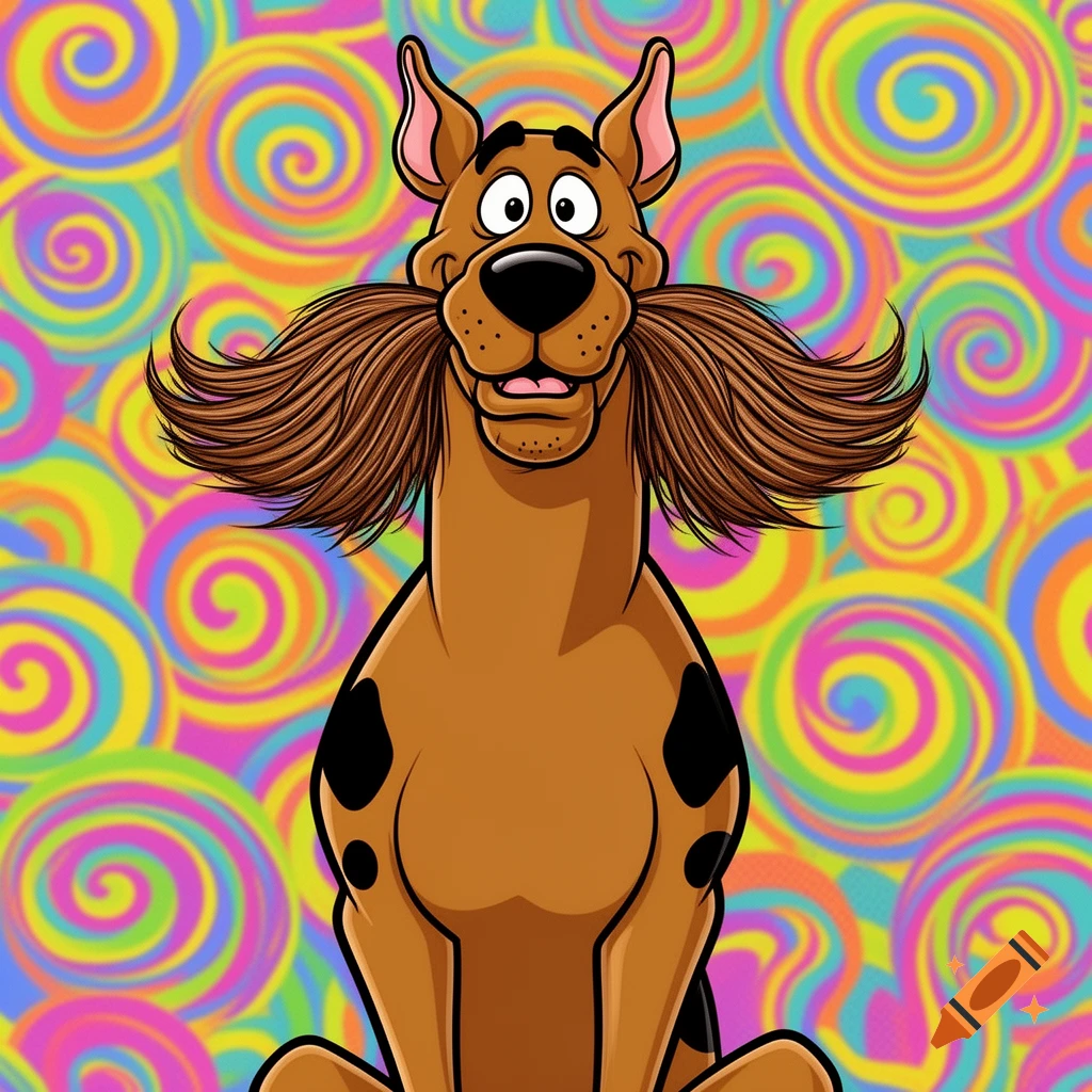 Cartoon Scooby Doo with long brown sideburns sitting against a vibrant psychedelic swirl background.