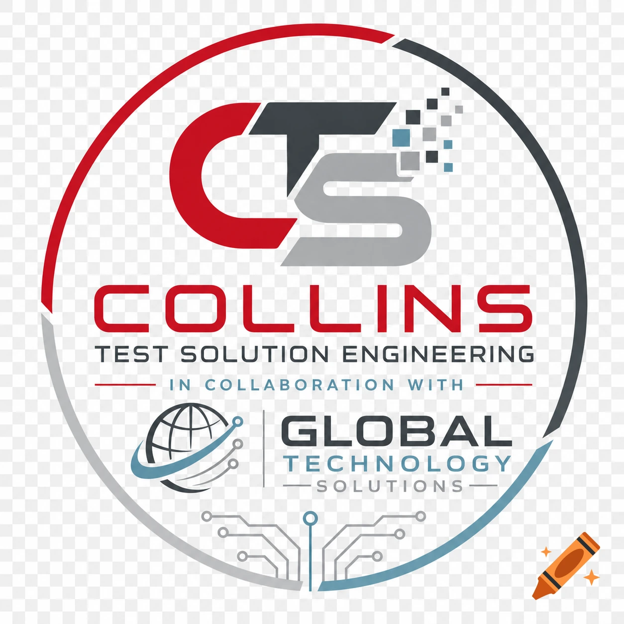 Circular logo for Collins Test Solution Engineering with red and grey text, stylized 'CTS', digital pixels, a globe, and circuit patterns on a transparent background.
