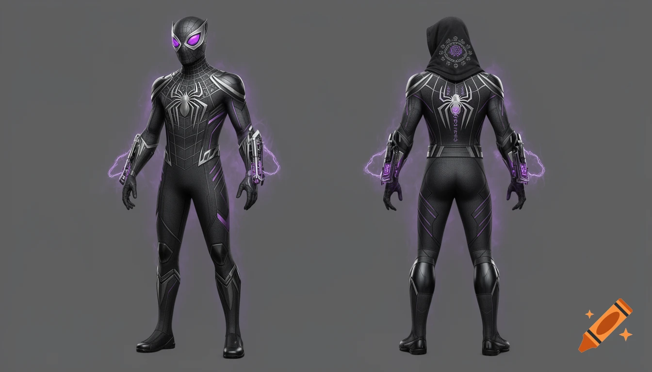 Front and back views of a black Spider-Man suit concept with purple glowing accents, silver web patterns, Wakandan glyphs, and a hood.