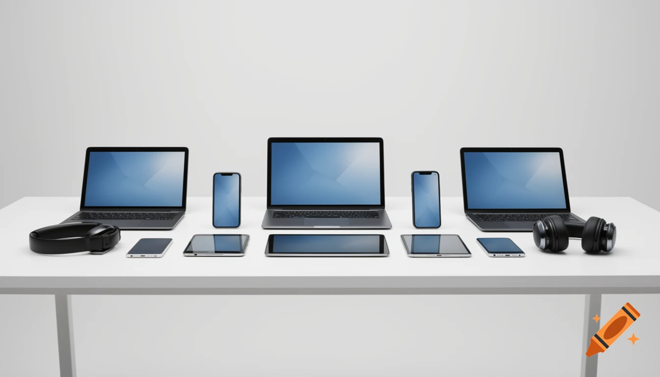 Laptops, smartphones, tablets, and headphones neatly arranged on a white desk.