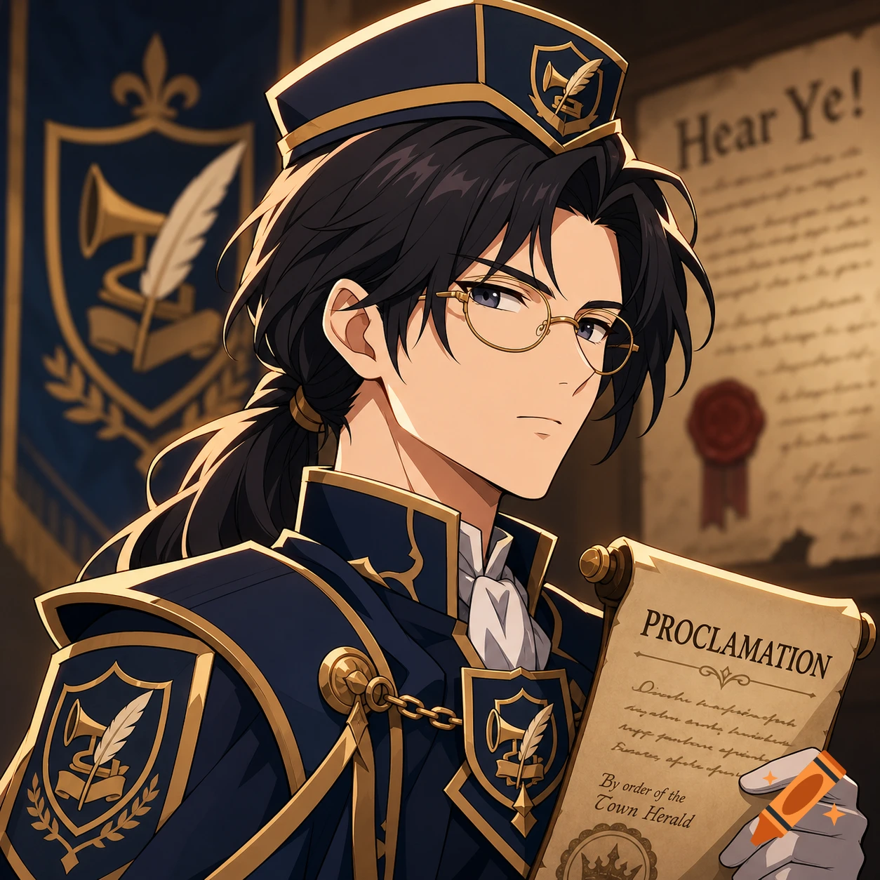 Anime-style medieval town herald with dark hair and glasses in a navy-and-gold uniform, holding a scroll, with heraldry in the background.