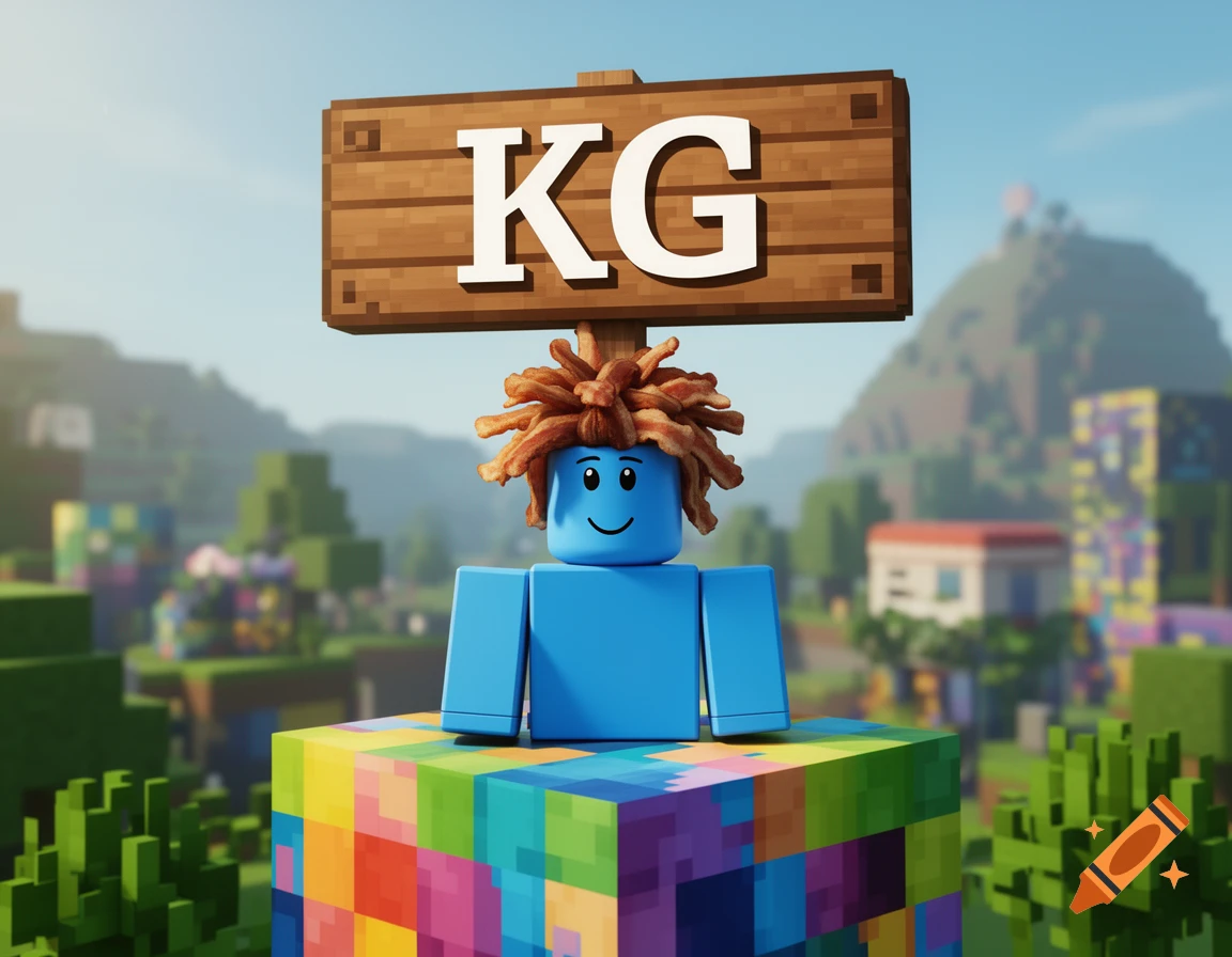 A blue Roblox character with bacon hair sits on a colorful block in a pixelated world, with a sign overhead that says KG.