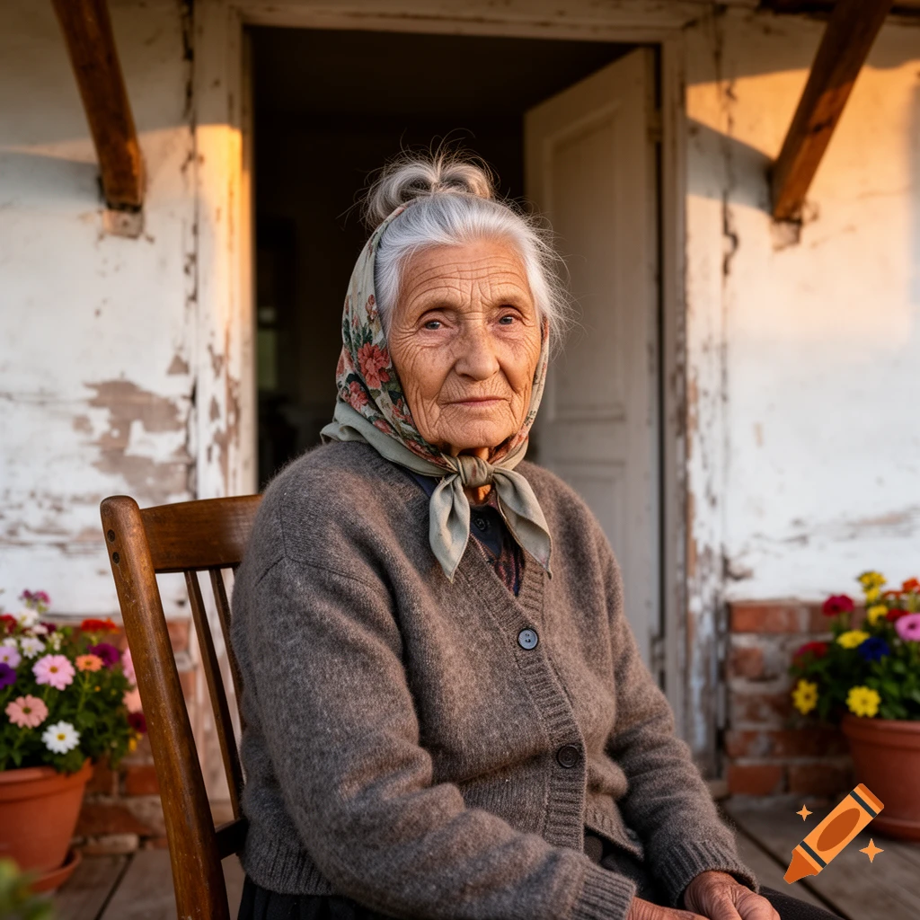 An elderly woman with a floral headscarf and brown cardigan sits on a porch, looking at the camera in golden hour light.