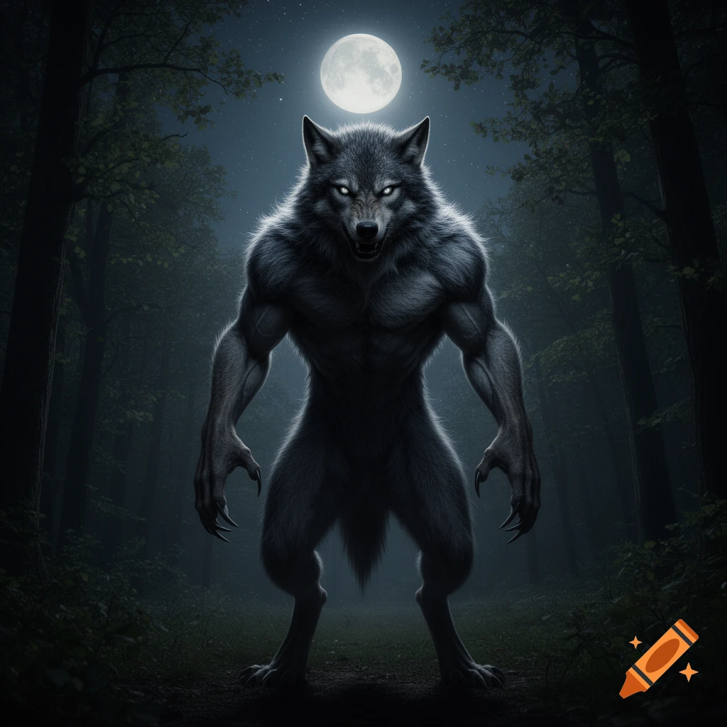 A menacing werewolf with glowing white eyes stands in a dark forest under a bright full moon, looking directly forward.