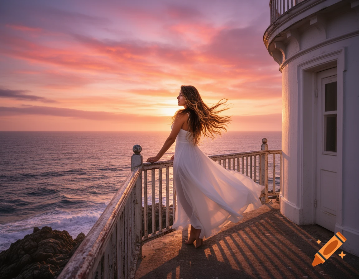 Photorealistic image of a woman in a white flowing dress on a lighthouse balcony, watching a dramatic sunset over the ocean.