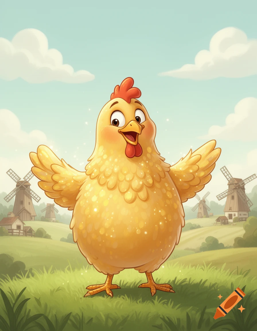 A happy, yellow cartoon chicken with sparkly feathers stands in a green field with windmills and clouds in the background.