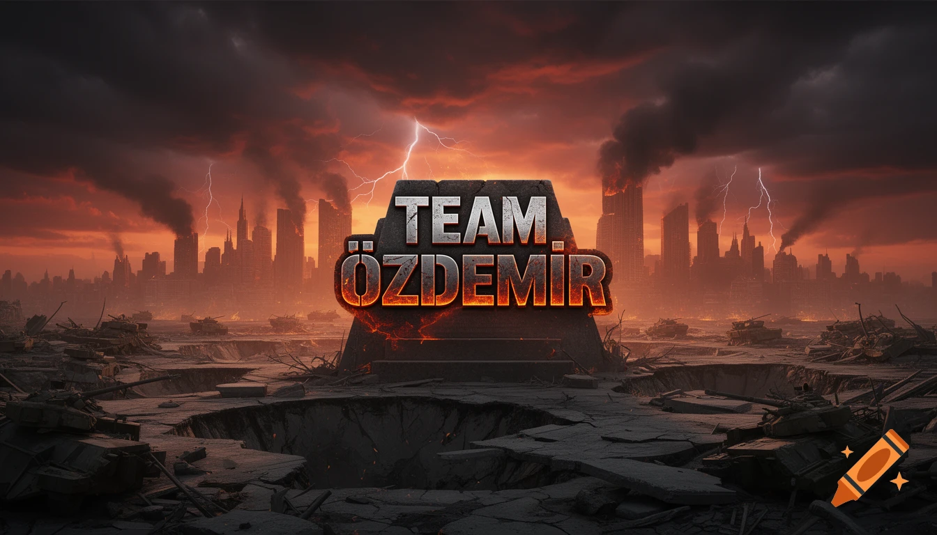 Text 'TEAM ÖZDEMIR' on a war monument in a destroyed city with burning buildings, lightning, and tanks under a fiery, smoky sky, in a video game style.