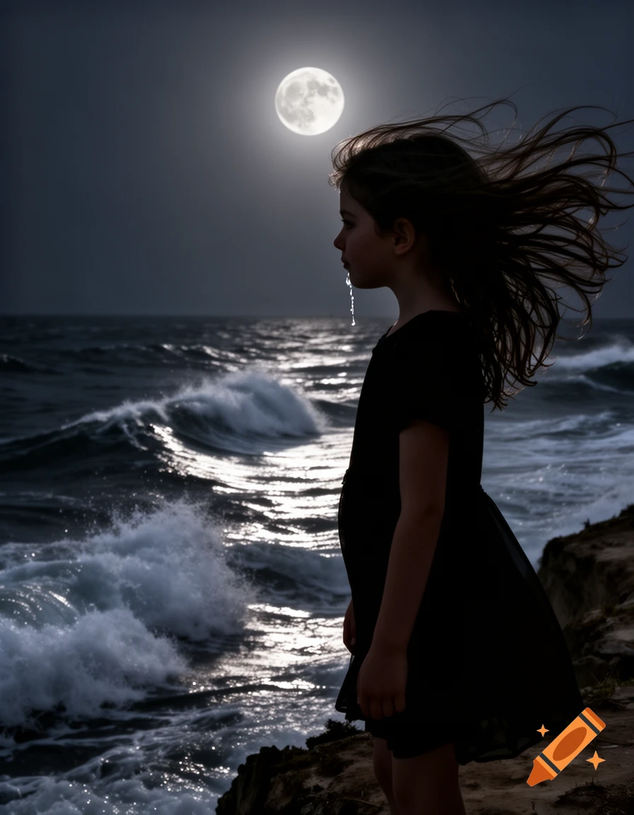 A child in profile stands on a cliff, silhouetted against a stormy ocean under a full moon, with wind blowing their hair and a glowing tear or droplet on their chin.