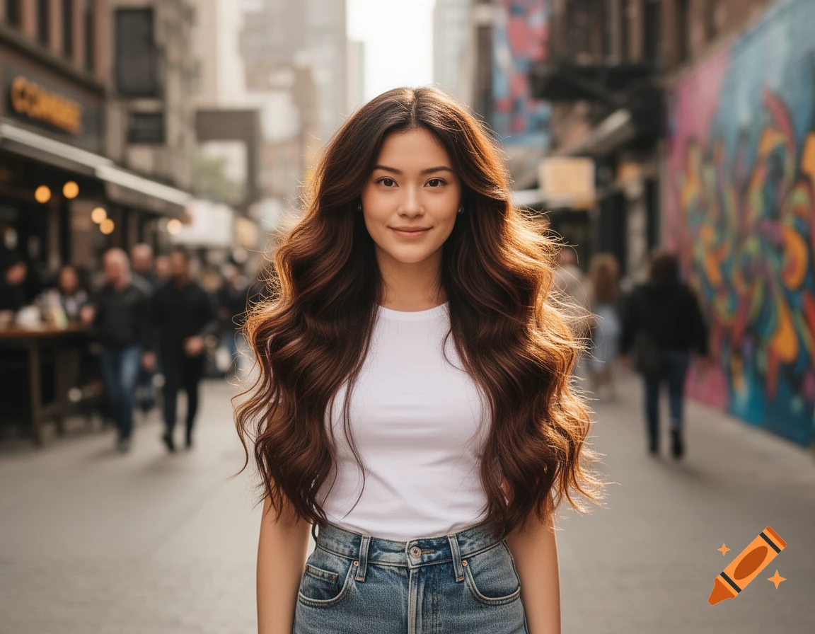 A young woman with long, wavy brown hair, wearing a white t-shirt and jeans, smiles while standing in a bustling city street.