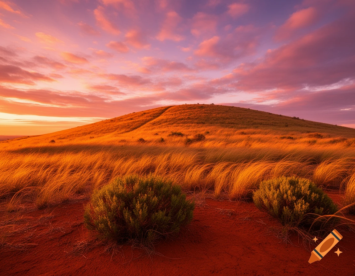 A vibrant sunset casts warm orange and purple hues over a grassy hill with red soil and scattered bushes.