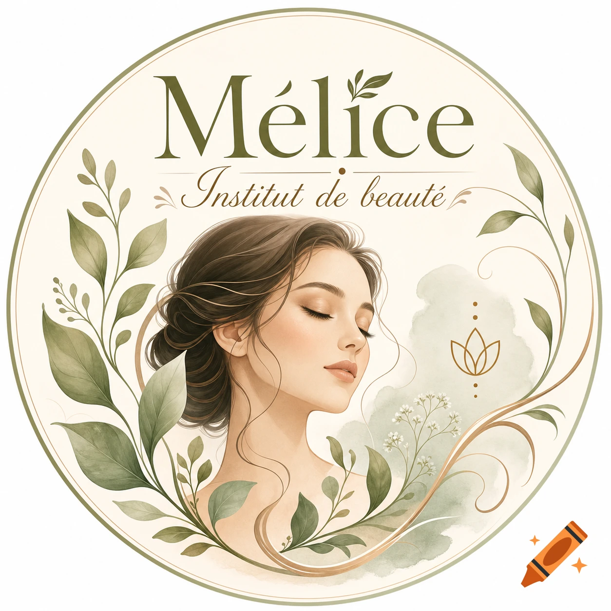 Elegant logo for Mélice beauty institute, featuring a woman's serene face surrounded by green leaves.
