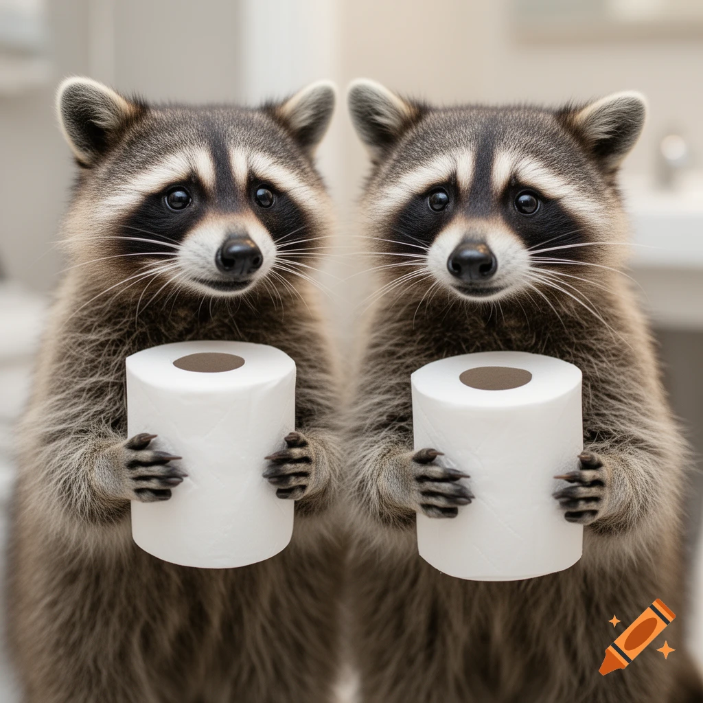 Two photorealistic raccoons stand side-by-side, each holding a roll of white toilet paper.
