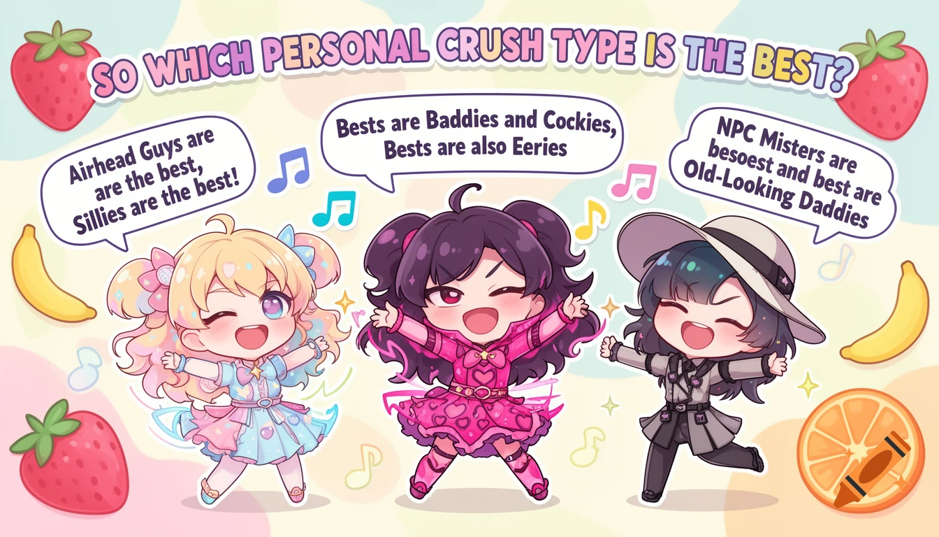 Three happy chibi anime girls discuss crush types, surrounded by fruit and musical notes.