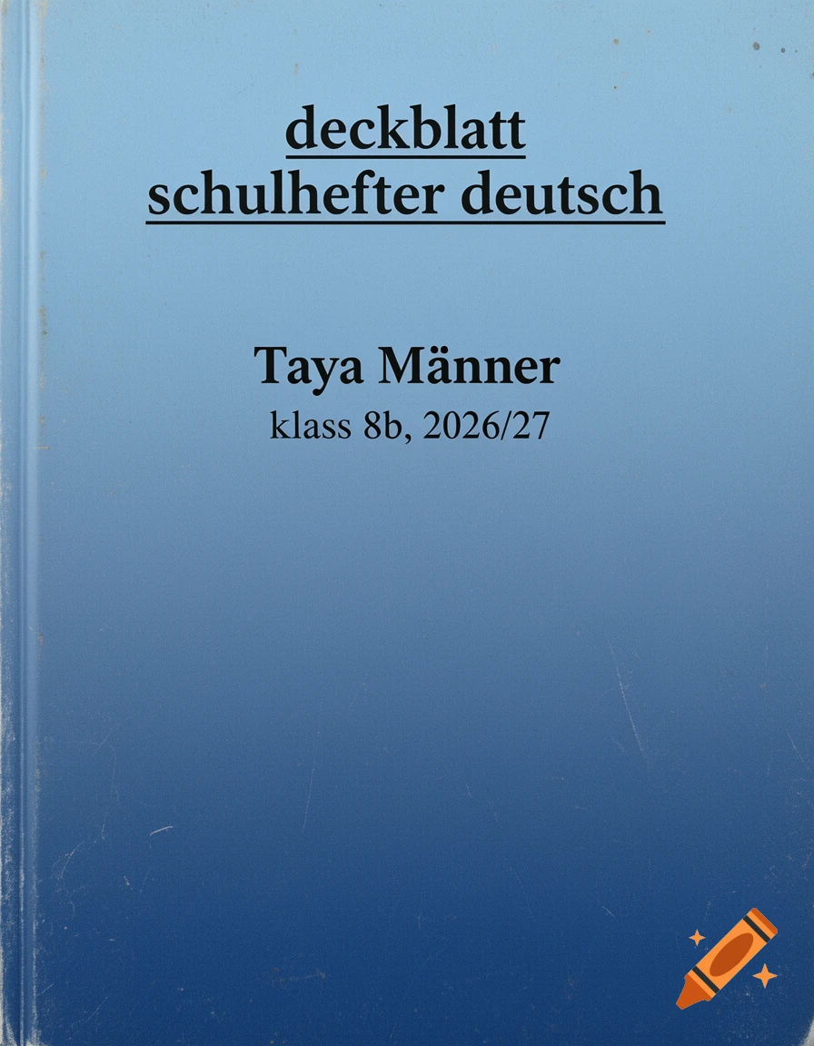A light blue school notebook cover with a gradient to dark blue at the bottom. Black text reads "deckblatt schulhefter deutsch", "Taya Männer", and "klass 8b, 2026/27".