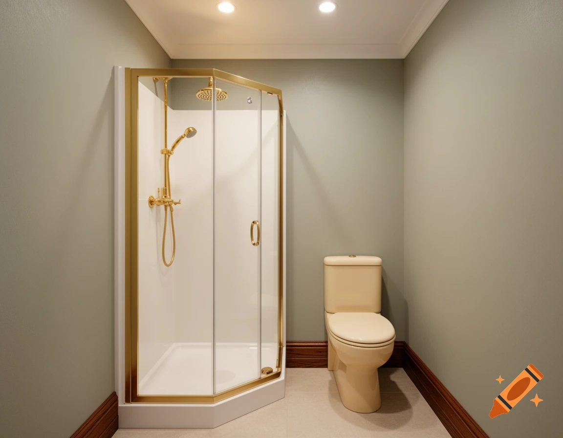 A small bathroom features a corner shower with gold accents, an ivory toilet, light green walls, and dark wood trim.
