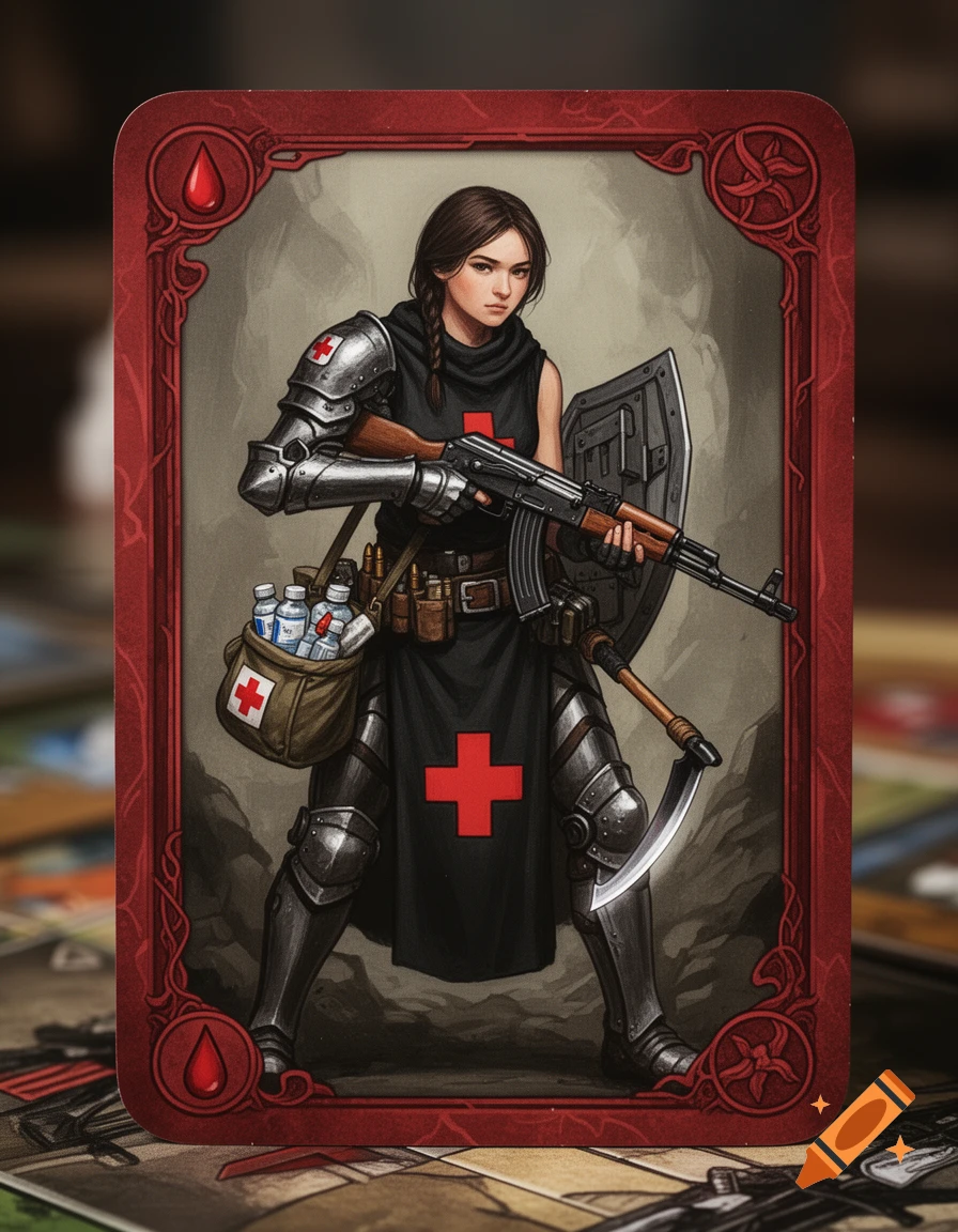 A stylized combat medic on a red-bordered card, wearing knight armor and a black garment with red crosses, holding an AK-47 and a shield.