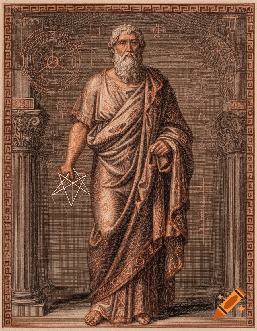 A stylized copperplate engraving of the Greek philosopher Pythagoras, with a white pentagram in his hand, against a background of geometric diagrams and classical columns.