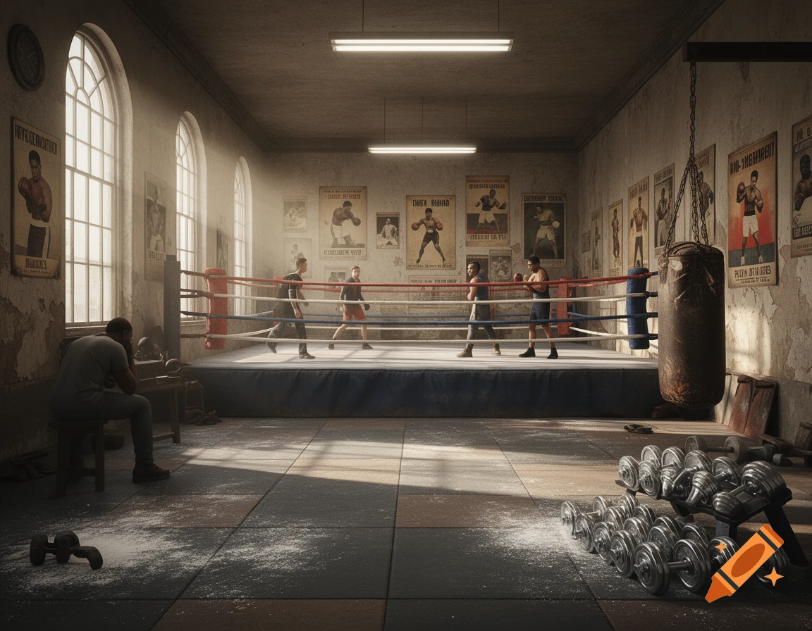 Photorealistic image of an old American boxing gymnasium with a sparring ring, punching bag, weights, and people training.