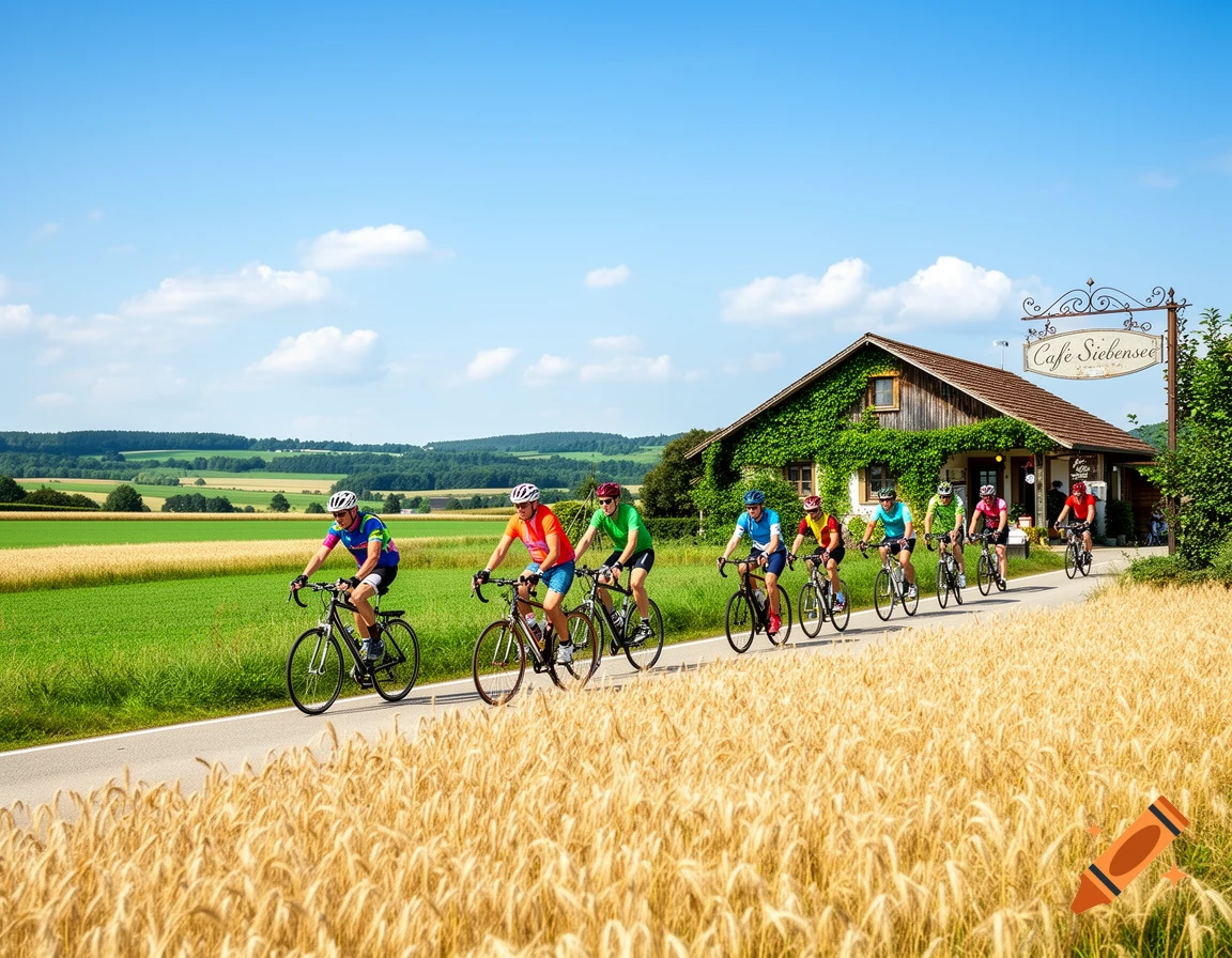 A group of cyclists rides past golden fields and a countryside cafe under a clear blue sky.