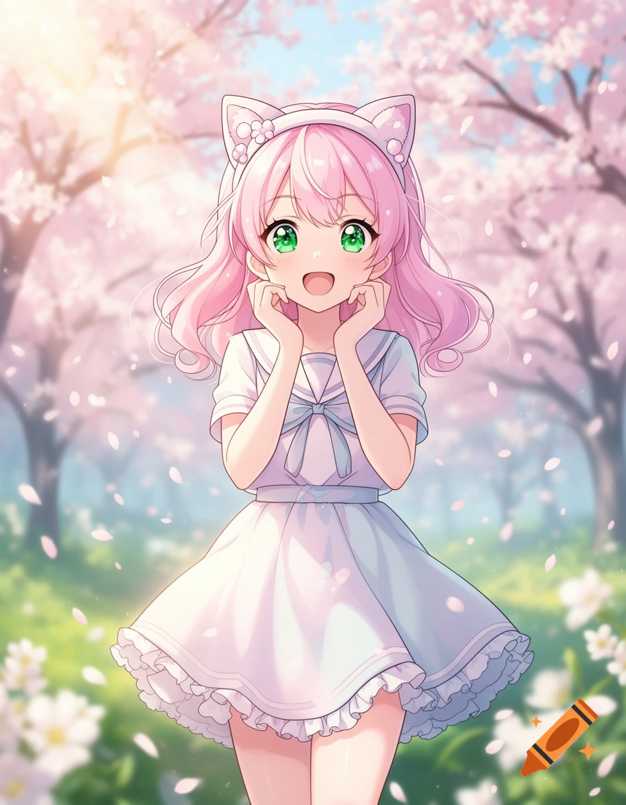 An anime girl with pink hair and cat ears smiles in a cherry blossom garden, surrounded by falling petals.